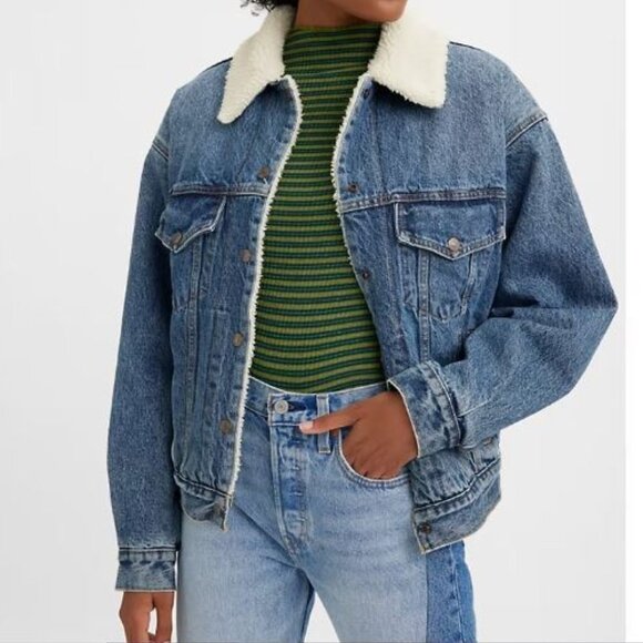 90S SHERPA TRUCKER JACKET - Indigo Blue - Size Large - Picture 1 of 10